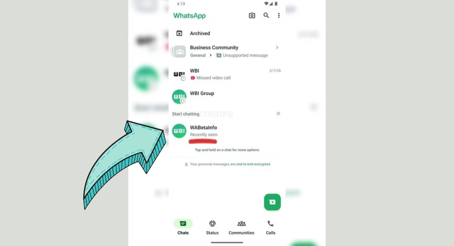 Pantalla de Whatsapp Beta mostrando la función de contactos vistos recientemente